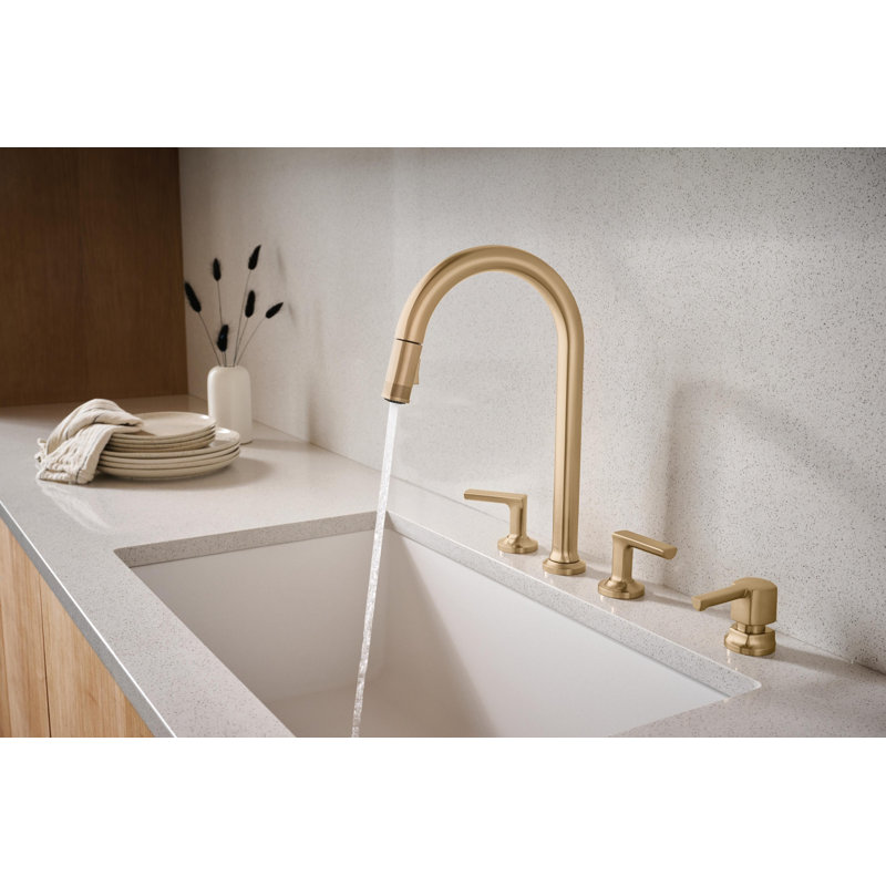 Kintsu® Widespread Pull-Down Faucet With Arc Spout, Lumicoat® Luxe Gold, Lever Handle
