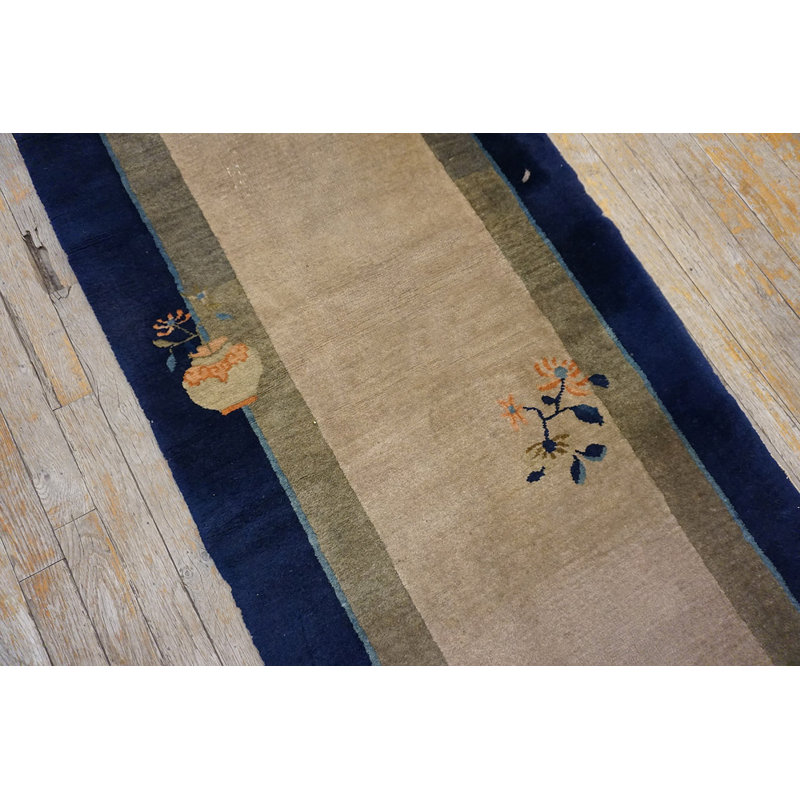 Ivory Chinese Antique Knotted Hallway Runner Wool - Peking 1920s Rectangle Rug
