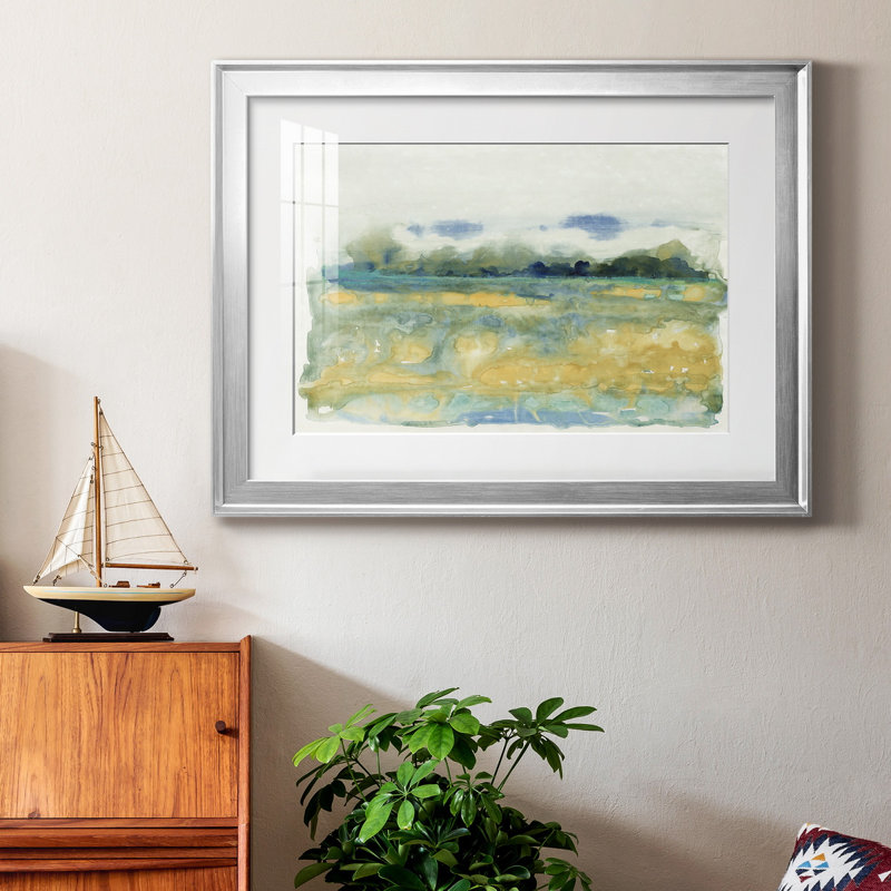 «Flowing Landscape I» - peinture encadrée, Argent, H 22,5 po x l 30,5 po x P 1 po, Blanc
