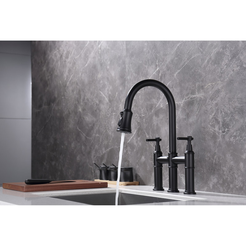 Matte Black Kitchen Tap With Pull-Down Spray - Accurate Control Of Flow And Temperature, 360-Degree Rotating Nozzle, Brass Bridge Style Faucet Precise Water & Temperature Control, Rotatable Solid