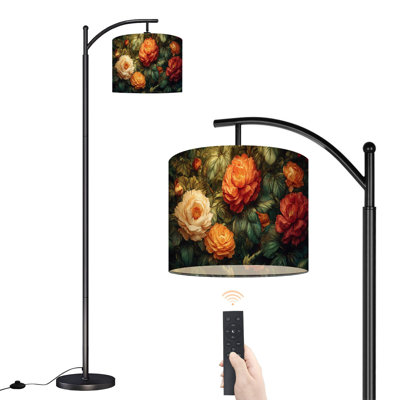 Lampe sur pied à arc avec abat-jour réglable fleurs d'automne grandes fleurs orange crème et feuilles vertes Lampe sur pied à 3 températures de couleur à intensité variable avec interrupteur au pied pour la chambre à coucher