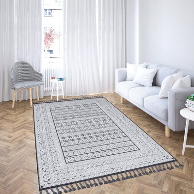 Tapis blanc / gris en coton tissé à la machine Runolfson Southwestern