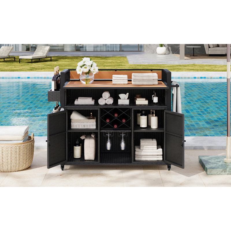 52.8"W Wicker Outdoor Grill Cart With Extended Plastic Wood Table Top, Rolling Kitchen Island On Wheels With Storage Cabinet, For Patio Backyard Garden Poolside, Double Handle Design