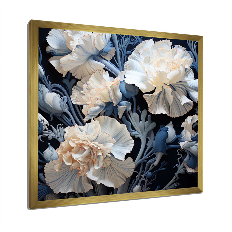 Arrangement d'œillets blanc et bleu I sur toile, H 24 po x l 24 po x P 1 po, Cadre doré simple