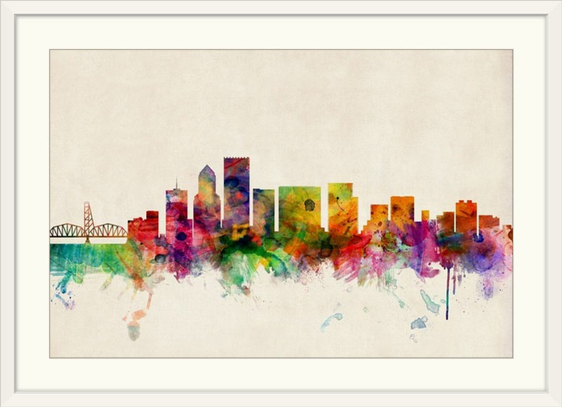 «Portland Oregon Skyline» par Francy, impression, Cadre blanc, H 32 po x l 44 po x P 1 po