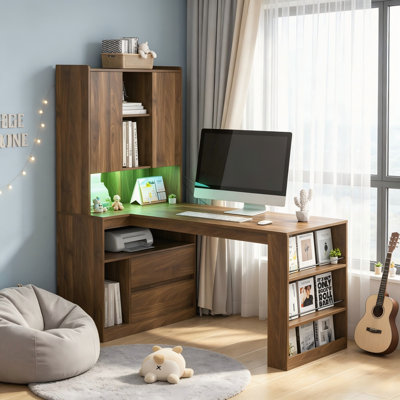 Bureau d'ordinateur d'angle moderne en L avec tiroirs, bibliothèque et éclairage à DEL, bureau d'écriture de bureau de jeu avec rangement