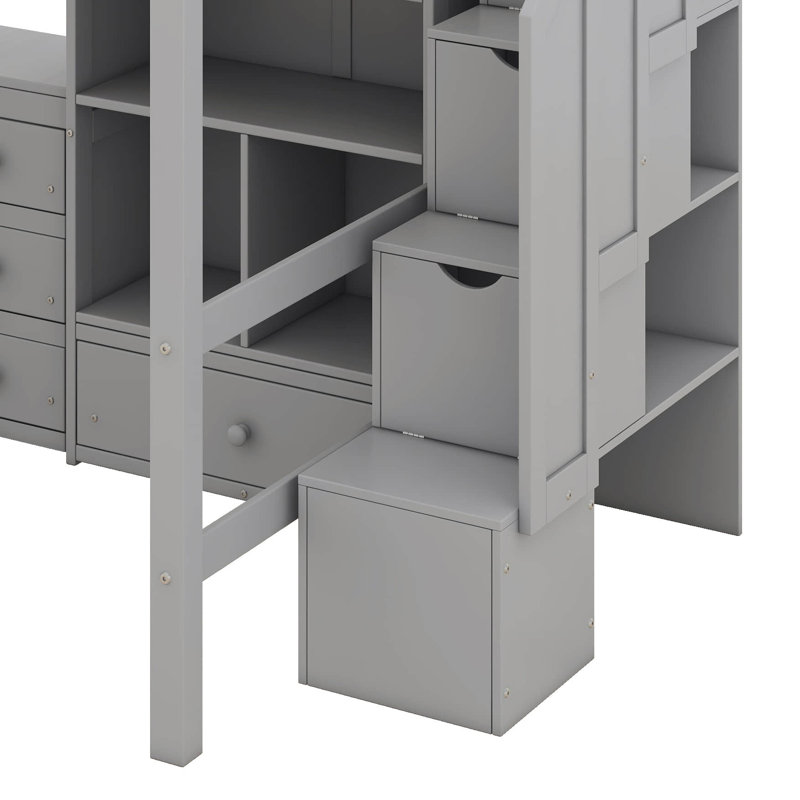 Lit mezzanine double avec bureau en L, tiroirs et armoire, lit mezzanine multifonctionnel pour enfants, adolescents et adultes, sans sommier tapissier requis