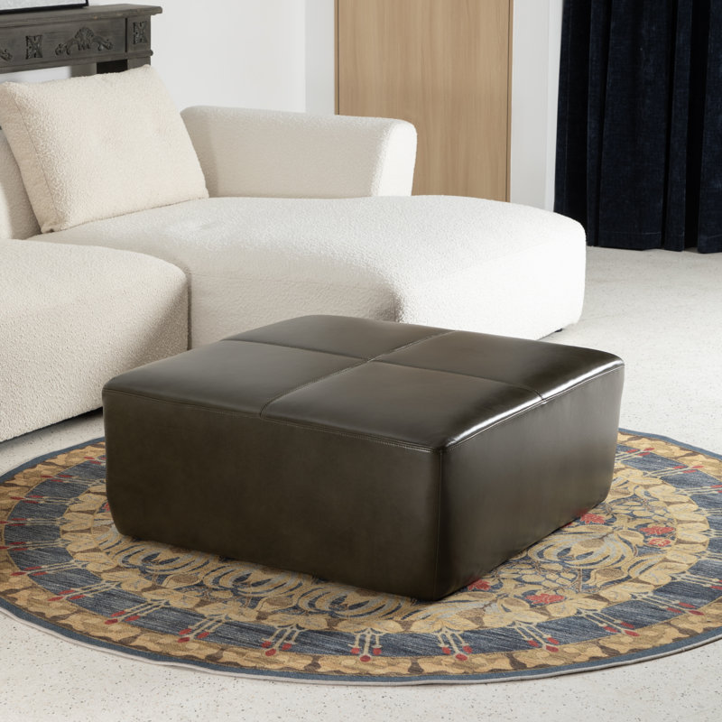 Hartwell 35" Square Genuine Leather Ottoman, Army Genuine Leather