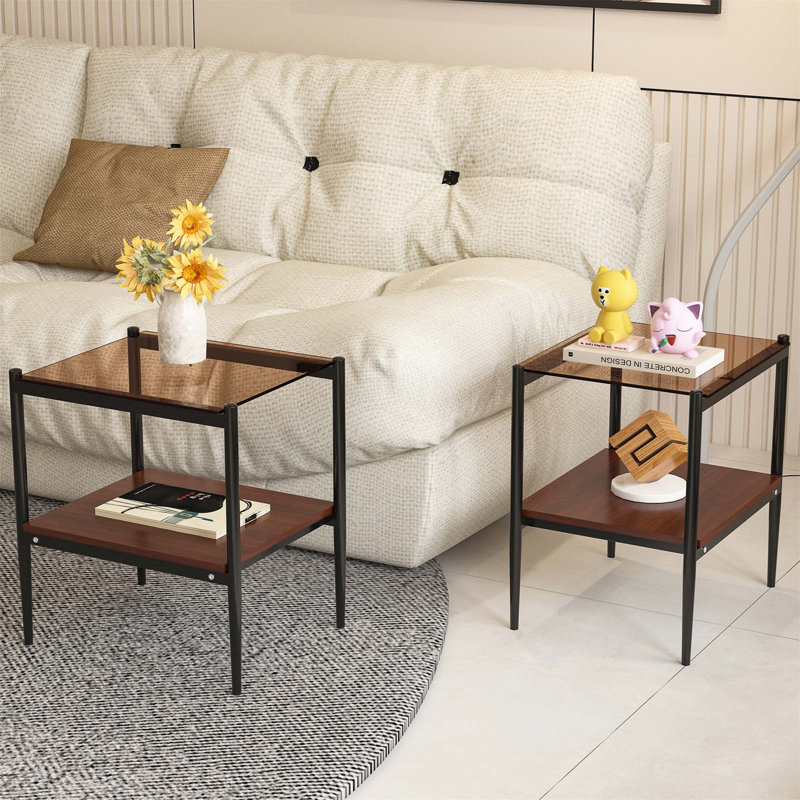 Coffee Table and End tables Set of 3, Tempered Glass Table with MDF layer, Glass, Brown Top/Black Base