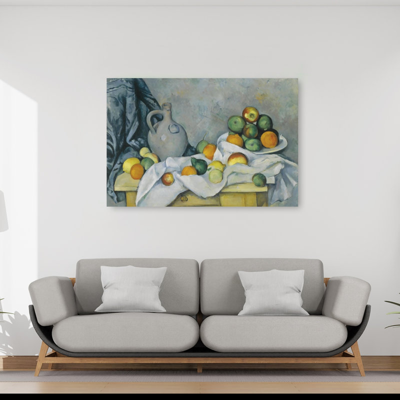 Rideau, cruche et bol de fruits, C., H 40 po x l 60 po