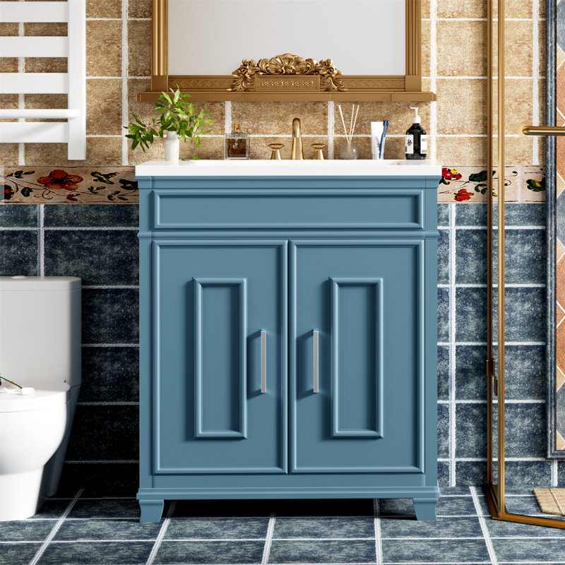 Meuble-lavabo autoportant en bois massif de 30 pouces avec lavabo et rangement en résine, durable et élégant pour les salles de bain modernes