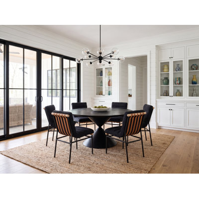 Haven 7Pc 59" Round Ebony Black Pedestal Dining Set With Hourglass Table Base And Black Boucle Fabric Chairs