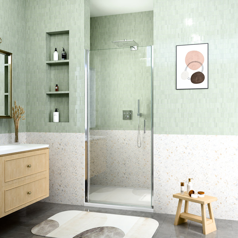 Porte de douche semi-pivotante l 32 po x L 72 po, réglage de la largeur de 1 po, système de centrage automatique en verre trempé réversible de 6 mm à gauche / droite, clignotant magnétique pour fermeture en douceur