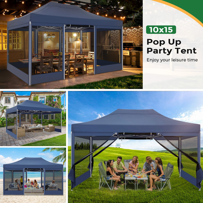 10'x15' Heavy Duty Canopy Tent, Pop up Gazebo with Netting Screened, Dark Blue