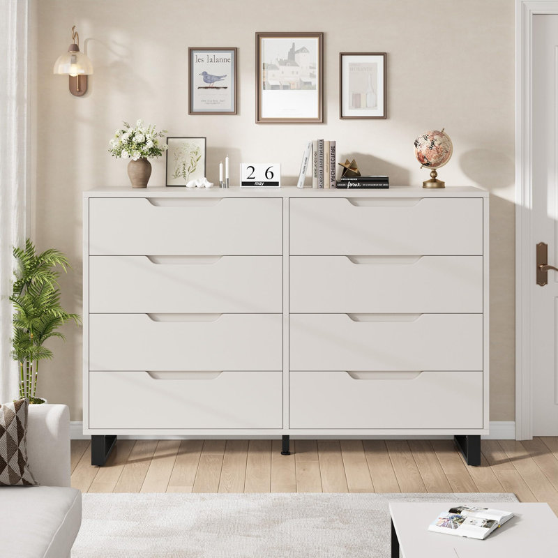55" Wide 8 Drawer Dresser, Freestanding Horizontal Wood Storage Chest for Bedroom, Living Room, Hallway, Entryway, White