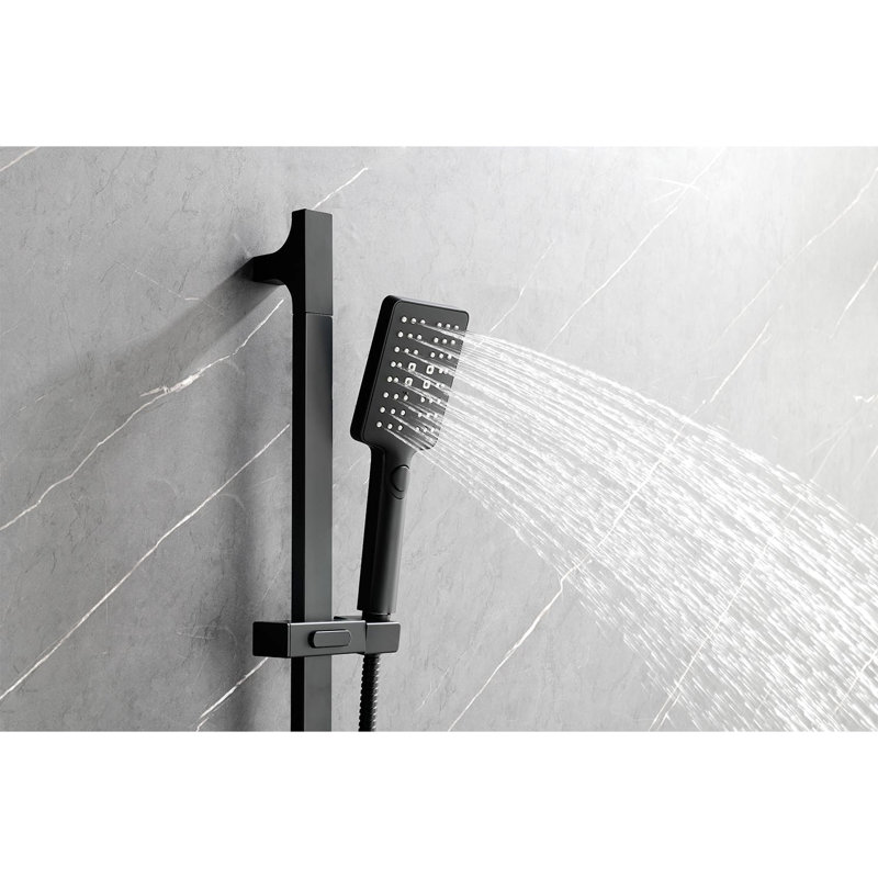 Système de douche pour salle de bain en noir mat avec débit d'eau stable: tête, douche à main, barre coulissante, jets pour le corps, accoudoir, tuyau, garniture de soupape