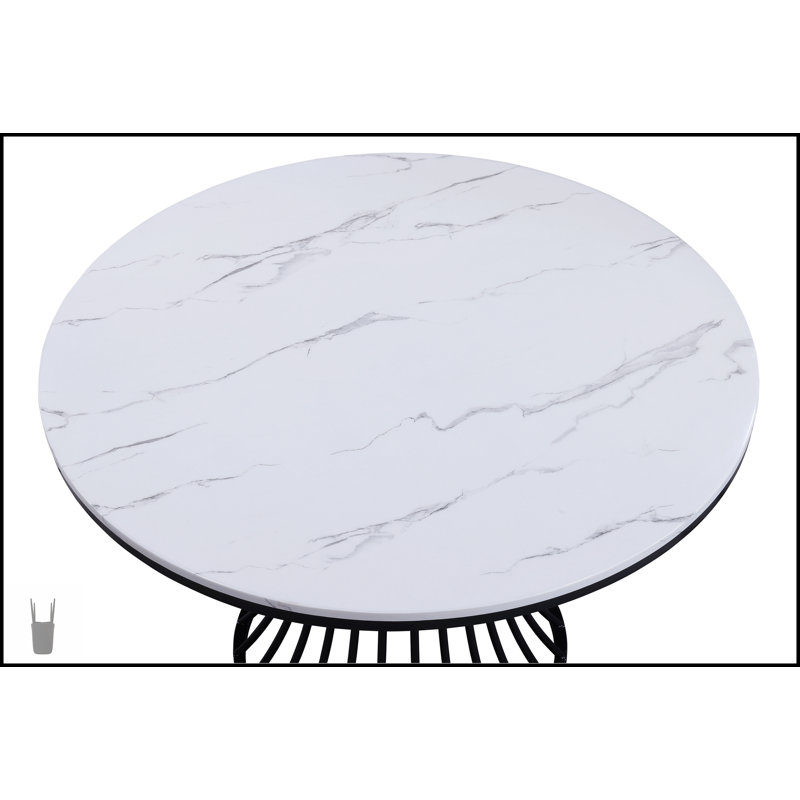 Ensemble de salle à manger 5 pièces avec table ronde en faux marbre blanc, base en forme de cage et chaises rembourrées en tissu gris clair pour les maisons modernes