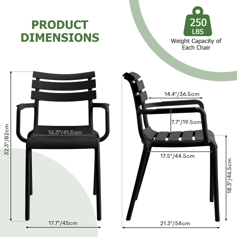 Chaise de salle à manger d'extérieur empilable, chaise de patio en plastique résistant aux intempéries, sans assemblage, avec accoudoirs