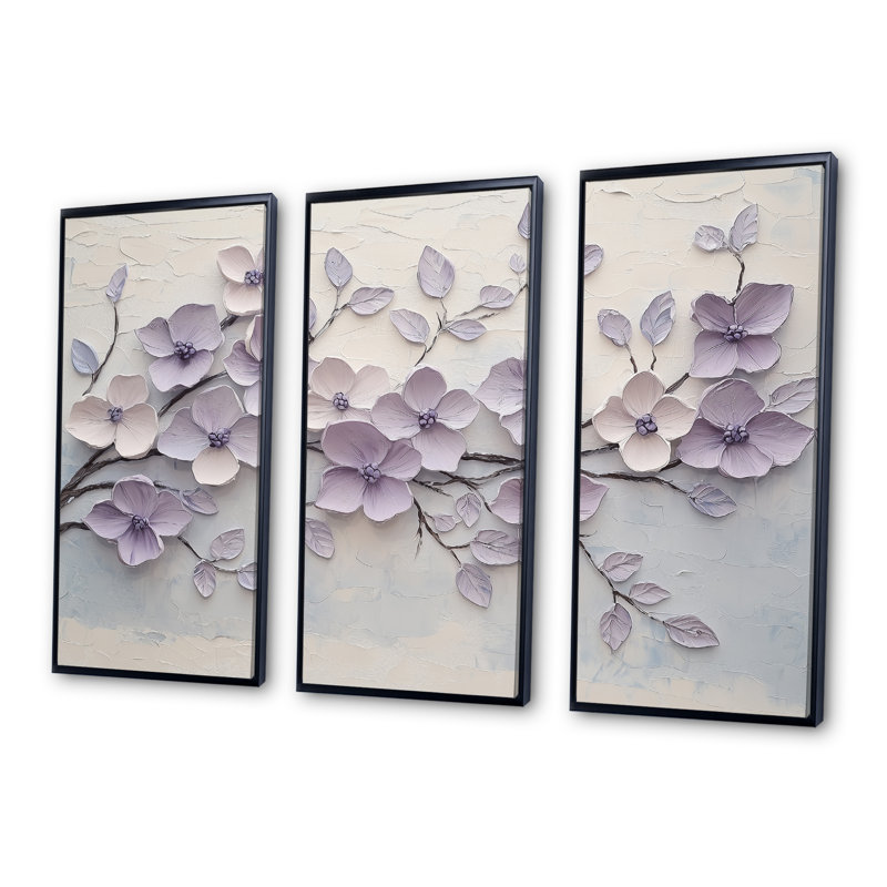 «Mauve mauve lilas Melody I», ensemble d'art mural lilas, H 40 po x l 60 po x P 1 po, Toile avec cadre flottant noir