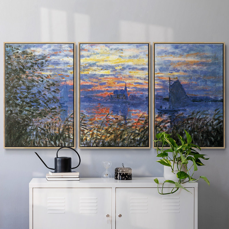 Coucher de soleil sur la seine par Monet - 3 pièces, reproduction sur toile, H 24 po x l 48 po x P 2 po, Naturel