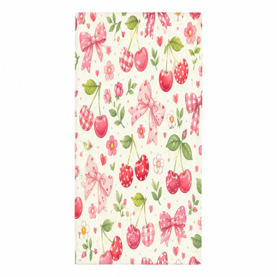 1Pcs Cute Cherry Bow Towel, featuring watercolor pink cherries and bows with green leaves flowers on a cream background. This charming microfiber beach is perfect for swimming, travel, camping, unisex.