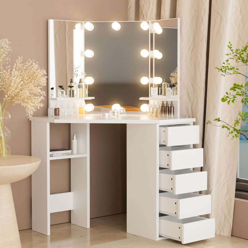 Kialen Modern Corner Makeup Vanity with 10  LED Lights, Tri-Fold Mirrors and 5 Drawers, White