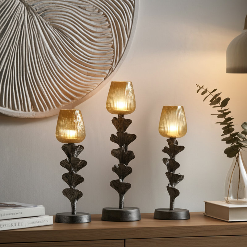 Adel Modern Glass Pillar Candle Holder for Tabletop Decor - Decorative Flower Inspired Candlestick Holder for Home Decor - Set of 3, 23", 20", 14, Gray