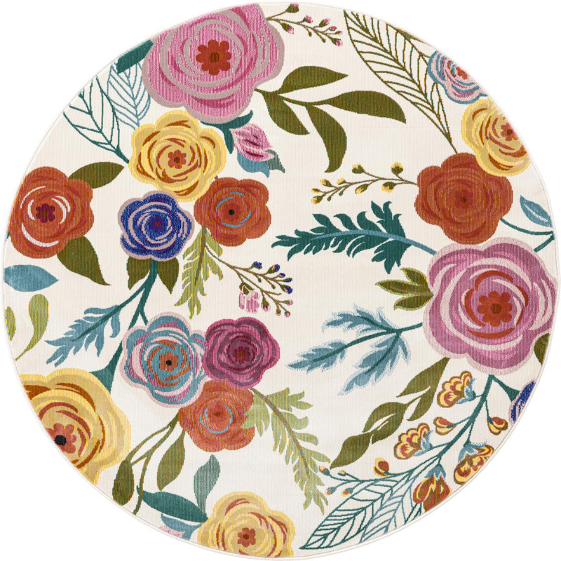 Tapis ivoire à motif floral Daignault, Rond 5 pi 3 po