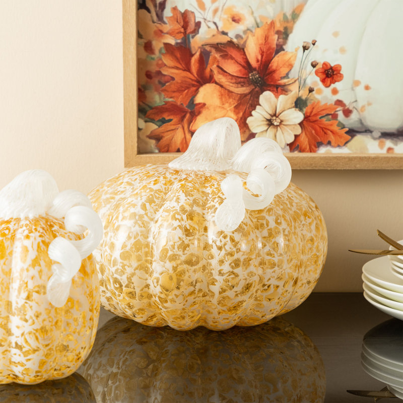 8.5"D Fall Amber Dots Glass Large Pumpkin