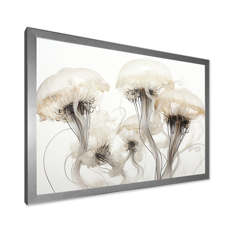 Minimalisme blanc méduse rêve II sur toile, Cadre simple argenté, H 24 po x l 32 po x P 1 po