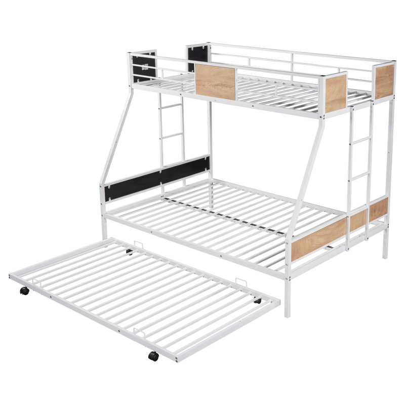 Brumbaugh Steel Twin Over Full Bunk Bed with Built-In Ladder , Trundle Bed Included, White/Oak