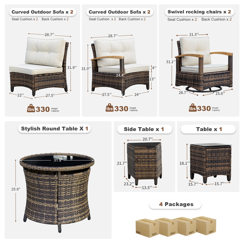 9 Piece Outdoor Patio Furniture Set, Half-Moon Curved Sectional Sofa Rattan Conversation Set With 2 Wood Armrests Swivel Rocker Chairs, Round Coffee Table & Side Table