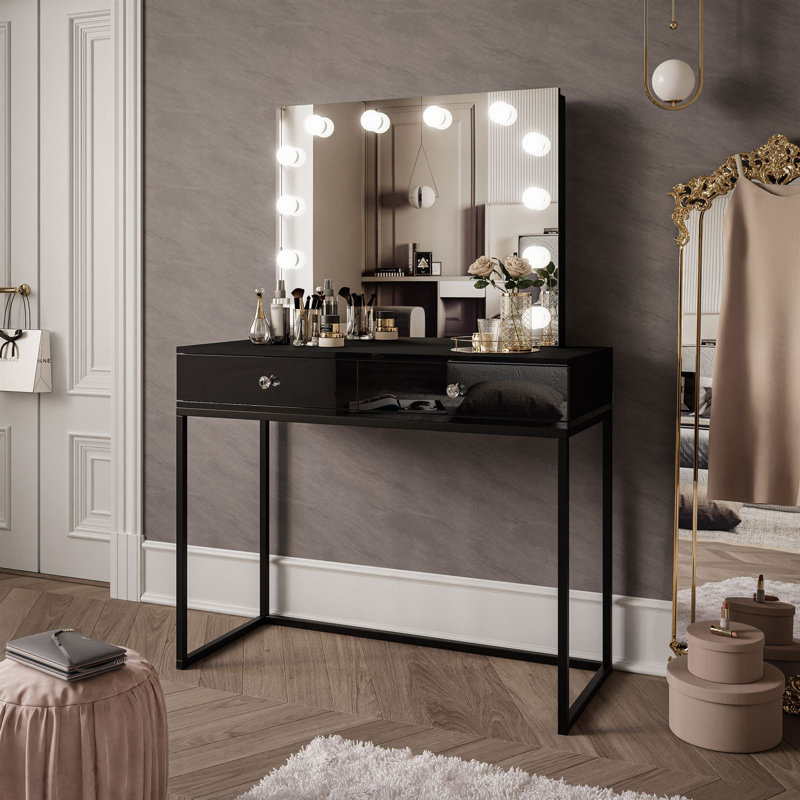 Anashima Dressing Table with Mirror, Black/Black high gloss/White crystal