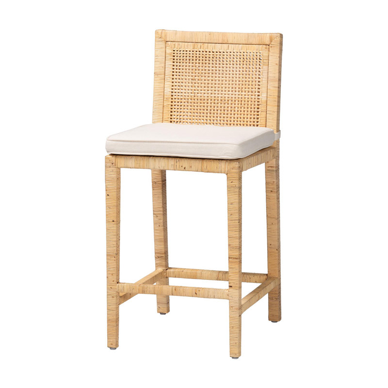 Modern and Contemporary Natural Wood and Rattan Counter Stool