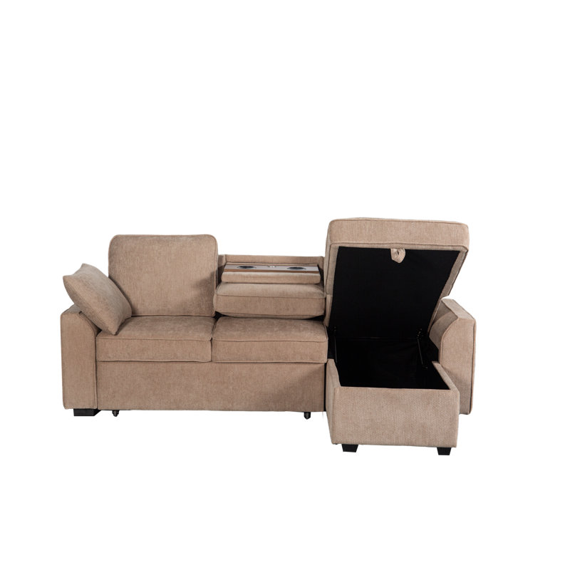Canapé modulaire 3 pièces en chenille avec dossier porte-gobelet, méridienne de rangement et lit escamotable, Marron clair