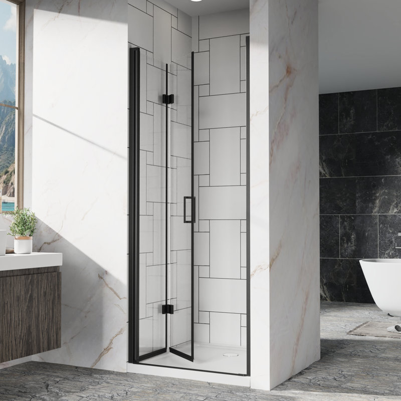 Heavy - Duty Zinc Alloy Handle 30"x 72" Pivot Glass Shower Door, Adjustable Width, 180° System, Water Leakage Prevention Hinges 30 31.2" Width 1/4 Inch (6mm) Tempered Glass, Black Finish, Rotatable