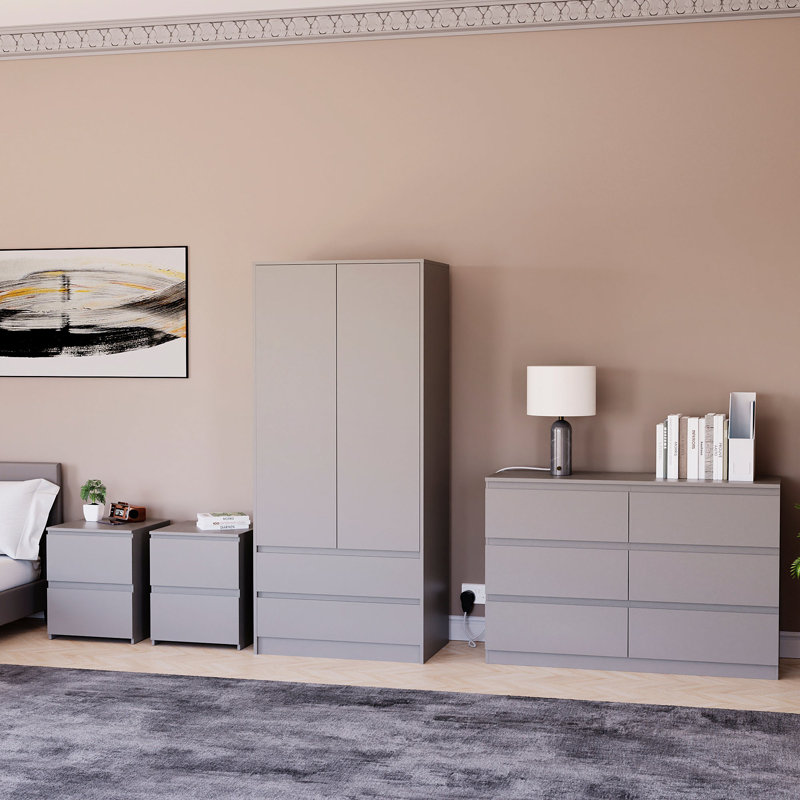 Tanino 4 Piece Bedroom Set (2 Drawer Large Bedside Chest X2, 6 Drawer Chest, 2 Door 2 Drawer Wardrobe), Grey