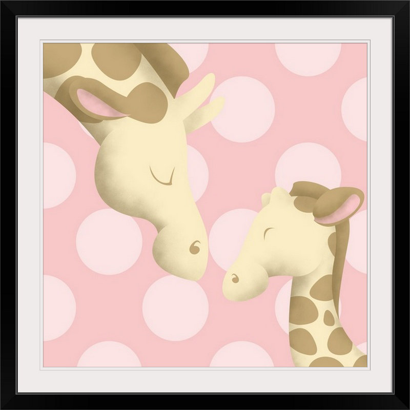 «Giraffe Mommy and Baby on Pink», impression, H 28 x l 28 po x P 1 po, Cadre noir, Bleu