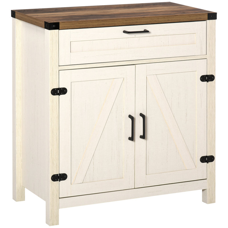 Farmhouse Sideboard Buffet Cabinet, Barn Door Coffee Bar Cabinet with Adjustable Shelf, White/Brown
