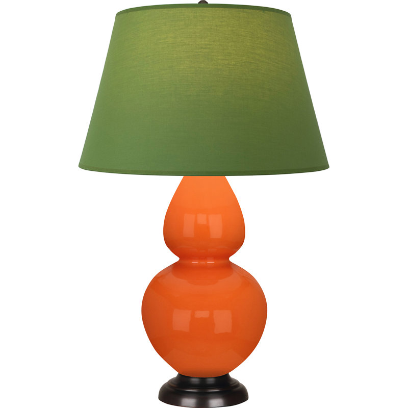 Lampe de table double gourde en céramique, Thé vert / taupe, Citrouille vernie / bronze, Bronze