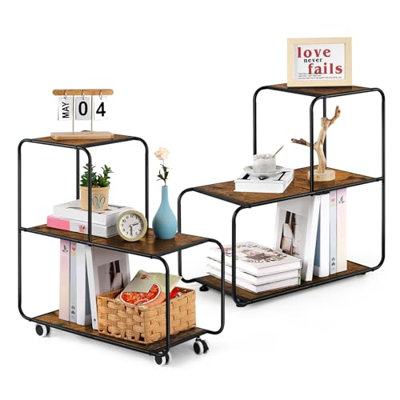 2 PCS Nesting Side End Tables with Wheels, 3-Tier Mobile Storage Cart for Living Room Bedroom