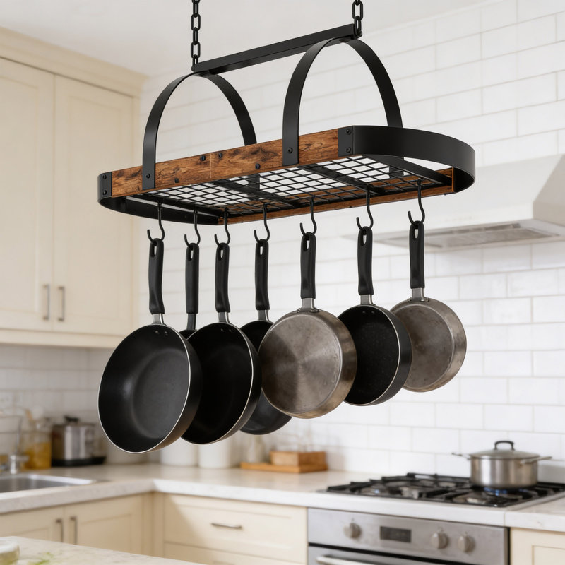Ceiling Mounted Pot Rack With Hooks, Hanging Cookware Organizer For Pots And Pans, Metal Kitchen Storage Rack With Mesh Shelf