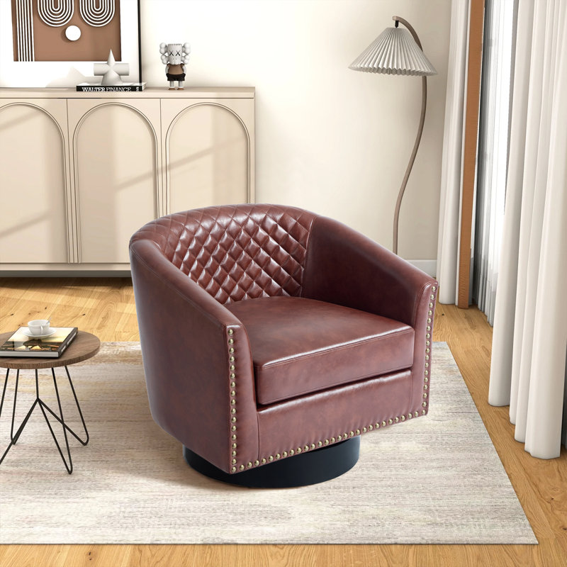 Petit fauteuil pivotant rembourré en similicuir capitonné rouge et brun avec garniture cloutée, Brun-rouge