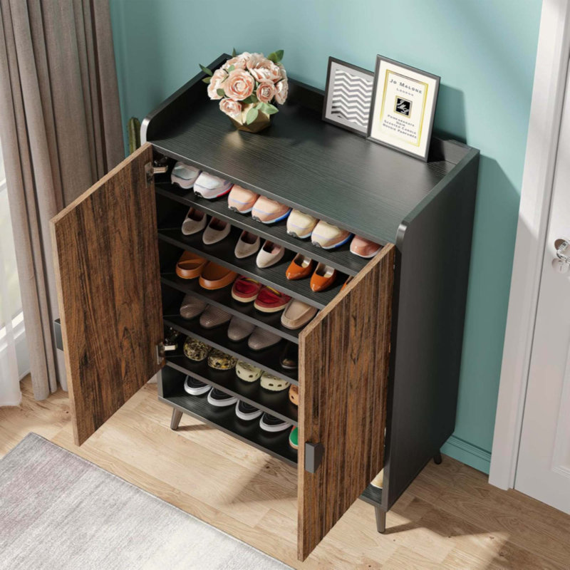 Meuble à chaussures en bois avec portes, organisateur de rangement à chaussures à 7 niveaux