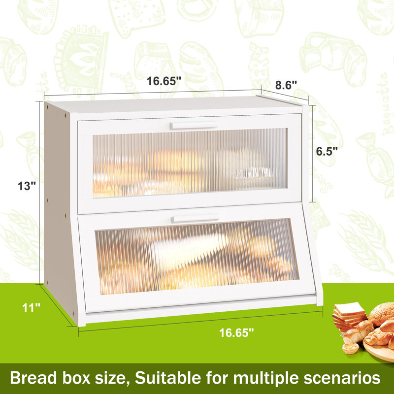 Large Bread Box Double Layer Bamboo Bread Box For Kitchen Counter Container Farmhouse Bread Box Bread Holder Capacity Bread Storage Bin(White)