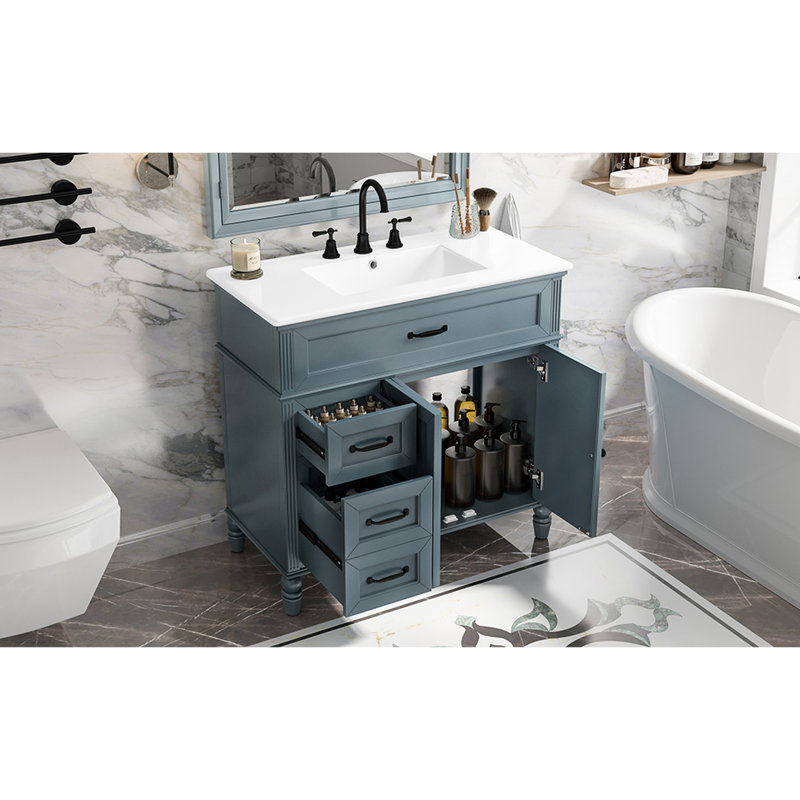 Élégant meuble-lavabo bleu de 36 po avec noyau en bois massif, extérieur, lavabo encastré en céramique, une armoire, deux tiroirs, système de tiroir à glissière et rangement avec base, panneaux, métal encastré