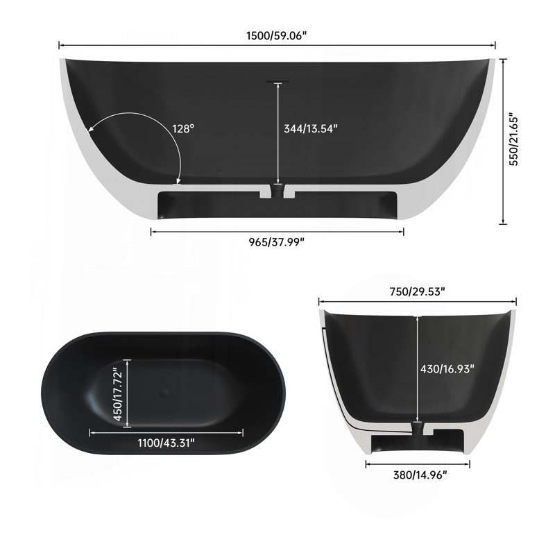 Baignoire de trempage à surface solide de 59 pouces - Baignoire profonde autoportante, Noir mat