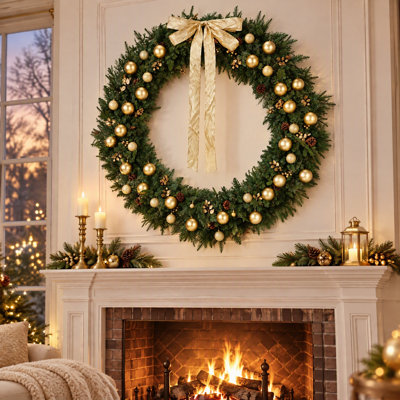 Couronne de Noël pré-éclairée avec nœud, pommes de pin et ornements dorés, lumières DEL blanc chaud 150/220, 8 modes d'éclairage avec télécommande, décor de porte des Fêtes (48/60 po)