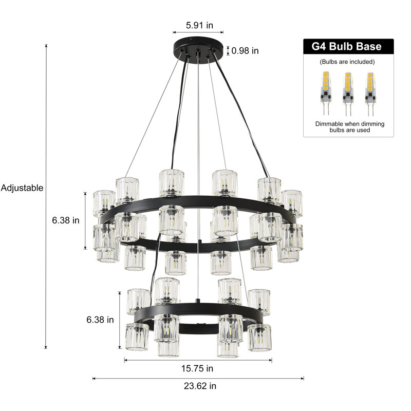 30-Light Modern 2 Ring Crystal Chandeliers, Matte Black
