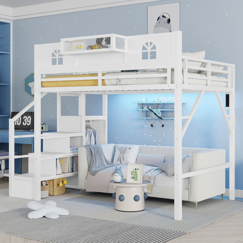 Full Size Loft Bed with Stairs, Metal Full Loft Bed with High and House Shaped Guardrails, High Loft Bed with Wardrobe for Kids Teens, White
